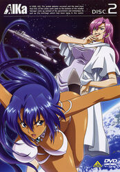  2girls agent_aika aika_(series) ascot bare_arms bare_legs bare_shoulders bikini blue_eyes blue_hair breasts brooch copyright_name cover covered_nipples dark-skinned_female dark_skin dress dvd_cover earrings earth_(planet) english_text engrish_text evil_smile hand_on_own_hip highres jewelry large_breasts laughing lipstick logo long_hair makeup multiple_girls neena_hagen official_art pink_hair planet ranguage red_lips scarf shivie_aika smile space spacecraft sumeragi_aika swimsuit thighs transformation underboob yamauchi_noriyasu 