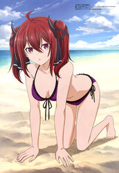  absurdres all_fours bare_arms bare_legs barefoot beach bikini blue_sky breasts cloud collarbone day demon_girl demon_horns female frilled_bikini frills hair_between_eyes hair_ribbon halterneck highres horizon horns iris_(shikkakumon) looking_at_viewer megami_magazine ocean official_art oosawa_mina outdoors parted_lips purple_bikini red_eyes red_hair ribbon sand scan shikkakumon_no_saikyou_kenja side-tie_bikini_bottom sky small_breasts solo string_bikini swimsuit thighs 