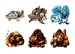  arrokuda barraskewda bird carkol coalossal commentary cramorant english_commentary evolutionary_line fish full_body goldeen horns multiple_monochrome no_humans pat_attackerman pixel_art pokemon pokemon_(creature) pokemon_rgby pokemon_rgby_(style) rolycoly single_horn sprite 