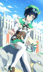  1boy absurdres banner beret black_hair blue_hair bow braid cape castle cloud cloudy_sky dandelion day falling_leaves feathers flower frilled_sleeves frills gem genshin_impact gradient_hair green_eyes green_hat hat highres holding jewelry leaf long_sleeves looking_at_viewer male_focus mondstadt_city multicolored_hair otoko_no_ko outdoors pantyhose rock shoes shorts sitting sky smile solo twin_braids venti_(genshin_impact) vision_(genshin_impact) white_pantyhose windmill yuyu_guantou_(marky) 