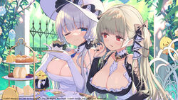  2girls azur_lane bare_shoulders between_breasts bird black_dress black_nails blue_eyes blue_gemstone blunt_bangs blush breasts cake chair chick cleavage closed_mouth collarbone commentary_request cup digital_media_player dress earphones earrings elbow_gloves fence food formidable_(azur_lane) frilled_dress frills gem gloves grey_hair hair_ornament hair_ribbon hand_up hat holding holding_cup illustrious_(azur_lane) jewelry lace-trimmed_headwear lace_trim large_breasts long_hair looking_at_another macaron manjuu_(azur_lane) mole mole_under_eye multiple_girls necktie necktie_between_breasts official_art one_eye_closed outdoors parted_lips pinky_out red_eyes ribbon sandwich scone sidelocks sitting smile strapless strapless_dress sun_hat table tam-u teacup tiered_tray tree tress_ribbon tri_tails twintails two-tone_dress two-tone_ribbon upper_body very_long_hair white_dress white_gloves white_hair white_headwear 