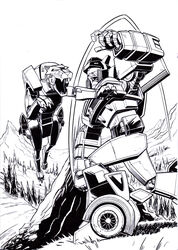  2boys assault_visor autobot clenched_hand commentary commission decepticon derivative_work english_commentary fighting highres jazz_(transformers) line_art marvel mecha monochrome mountain multiple_boys nick_roche no_humans open_hand open_mouth parody ravage_(transformers) robot scene_reference transformers transformers:_generation_1 