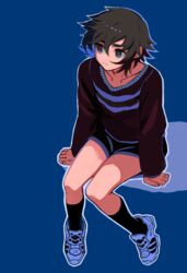  black_eyes black_hair black_shirt black_shorts black_socks blue_background blue_footwear commentary_request female hair_between_eyes highres invisible_chair kaneni long_sleeves original outline shirt shoes short_hair shorts simple_background sitting socks solo white_outline 