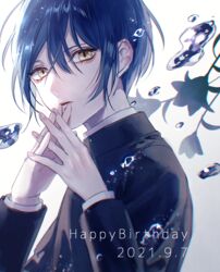  1boy black_hair brown_eyes danganronpa_(series) danganronpa_v3:_killing_harmony dated from_side green_hair hair_between_eyes happy_birthday highres interlocked_fingers jacket long_sleeves looking_at_viewer looking_to_the_side male_focus own_hands_together saihara_shuichi sakuyu short_hair simple_background solo upper_body white_background 