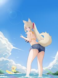  absurdres alternate_breast_size alternate_hairstyle animal_ear_fluff animal_ears ass bikini blonde_hair blue_eyes blue_sky breasts cloud commission denim denim_shorts double_fox_shadow_puppet female fox_ears fox_girl fox_shadow_puppet fox_tail from_behind glasses highres merumaruru ponytail prism_project second-party_source shorts sky striped_bikini striped_clothes sun_glare swimsuit tail tokimori_aoi virtual_youtuber water 