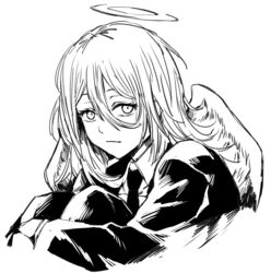  1boy angel angel_devil_(chainsaw_man) angel_wings black_suit chainsaw_man closed_mouth expressionless formal greyscale hair_between_eyes halo knees_to_chest long_hair looking_at_viewer monochrome necktie simple_background suit white_background white_wings wings zanki 