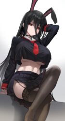  amebi animal_ears arm_behind_head arm_up black_choker black_hair black_rabii black_serafuku black_skirt black_thighhighs blue_archive blurry breasts choker commission cosplay crop_top crop_top_overhang crossed_legs depth_of_field dutch_angle extra_ears female from_below garter_straps gradient_background hair_between_eyes hasumi_(blue_archive) hasumi_(blue_archive)_(cosplay) highres large_breasts long_hair long_sleeves looking_at_viewer midriff miniskirt mole mole_on_breast mole_under_eye navel no_bra pleated_skirt rabbit_ears red_eyes school_uniform second-party_source serafuku side_slit simple_background sitting skirt solo stomach thighhighs thighs underboob very_long_hair 