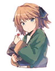  blue_eyes brown_hair candy cropped_torso female food green_jacket green_sailor_collar hachijou_(kancolle) hair_ribbon holding jacket kantai_collection lollipop long_sleeves pom_pom_(clothes) ribbon sailor_collar satsumi school_uniform short_hair simple_background solo upper_body white_background 