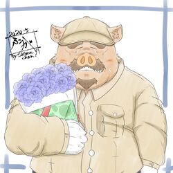  1:1 2020 anthro belly big_belly blush bodily_fluids clothing crying domestic_pig flower hat headgear headwear hi_res humanoid_hands kemono male mammal plant shirt simple_background solo suid suina sus_(pig) tanutronik753_k tears topwear 