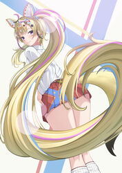  absurdly_long_hair absurdres ahoge animal_ear_fluff animal_ears ass black_hair blonde_hair blue_hair blue_skirt blush bow collared_shirt dress_shirt earrings facial_mark female fox_ears fox_girl fox_tail from_behind gyaru hair_ornament hairbow hairclip hairpin heart highres hololive jewelry kneepits leg_warmers long_hair long_sleeves looking_at_viewer miniskirt mira_bluesky3 multicolored_hair multicolored_nails multiple_hair_bows multiple_hairpins nekko_(momosuzu_nene) official_alternate_costume official_alternate_hair_length official_alternate_hairstyle omaru_polka omaru_polka_(school_uniform) pink_hair pleated_skirt purple_eyes red_skirt school_uniform shirt side_ponytail skirt smile solo ssrb_(shishiro_botan) streaked_hair symbol-shaped_pupils tail very_long_hair virtual_youtuber white_leg_warmers white_shirt wing_collar yukimin_(yukihana_lamy) zain_(omaru_polka) 