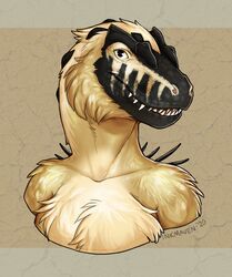  2020 digital_media_(artwork) dinosaur dromaeosaurid extinct fur headshot_portrait inkmaven looking_at_viewer portrait prehistoric_species reptile scalie smile solo tan_body tan_fur teeth theropod 