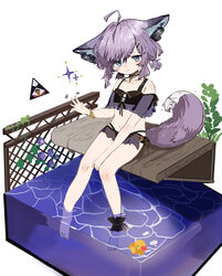  ahoge animal_ear_fluff animal_ears arknights bare_legs bare_shoulders barefoot bikini black_bikini blue_eyes blush closed_mouth commentary_request female food fox_ears fox_girl fox_tail fruit grapes hair_between_eyes headphones_for_animal_ears highres looking_at_viewer navel official_alternate_costume purple_hair rubber_duck ryu_(17569823) see-through sitting soaking_feet solo sparkle sussurro_(arknights) sussurro_(summer_flower)_(arknights) swimsuit tail water white_background 