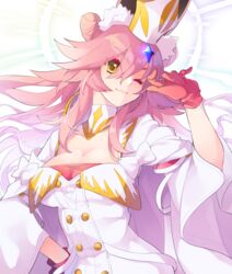  akibotann animal_ear_fluff animal_ears blush breasts buttons cleavage coat detached_collar double-breasted double_bun dress fate/grand_order fate_(series) female gloves hair_between_eyes hair_bun halo hat highres koyanskaya_(assassin)_(third_ascension)_(fate) koyanskaya_(fate) large_breasts long_hair long_sleeves looking_at_viewer one_eye_closed open_clothes open_coat pink_gloves pink_hair rabbit_ears short_dress sidelocks smile solo tamamo_(fate) very_long_hair white_coat white_dress white_hat wide_sleeves yellow_eyes 