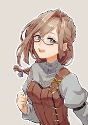  :d arm_belt blue_eyes braid brown_hair dot_nose female glasses granblue_fantasy grey-framed_eyewear grey_background grey_shirt gwynne_(granblue_fantasy) hand_up highres juliet_sleeves long_sleeves looking_at_viewer open_mouth outline peli_can_p puffy_sleeves semi-rimless_eyewear shirt simple_background smile solo teeth under-rim_eyewear upper_body upper_teeth_only white_outline 