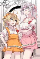  2girls ahoge apron blonde_hair blue_eyes bow breasts character_name cleavage commentary_request cowboy_shot dress dual_persona hal_(goshujinomocha) half-closed_eyes highres id_card indoors looking_at_viewer medium_hair multiple_girls open_mouth orange_apron orange_bow orange_dress pinafore_dress pink_apron pink_bow pink_dress ponytail puffy_short_sleeves puffy_sleeves short_sleeves sleeveless sleeveless_dress tanya_degurechaff time_paradox waist_apron waitress white_hair youjo_senki 