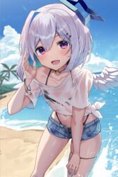  alternate_costume amane_kanata angel angel_wings bikini bikini_under_clothes black_bikini blue_hair blue_nails blue_shorts blue_sky breasts cloud colored_inner_hair female grey_hair highres hololive hopepe looking_at_viewer multicolored_hair nail_polish open_mouth outdoors purple_eyes see-through see-through_shirt shirt short_hair short_shorts shorts single_hair_intake sky small_breasts solo swimsuit thigh_strap virtual_youtuber water wet wet_clothes wet_shirt white_shirt wings 