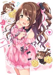  angel_and_devil black_dress blush bow bowtie breasts brown_eyes brown_hair clenched_hands closed_eyes collared_dress commentary_request dekosuke demon_horns dress earrings female frills hair_ribbon hairbow halo hands_up heart heart_earrings highres horns idolmaster idolmaster_cinderella_girls idolmaster_cinderella_girls_starlight_stage jewelry long_hair long_sleeves looking_at_another love_letter medium_breasts mini_person minigirl multiple_persona one_eye_closed open_mouth pink_background pink_bow pink_dress pom_pom_(cheerleading) ribbon shimamura_uzuki side_ponytail sideways_glance teeth thighs upper_teeth_only wavy_hair wavy_mouth white_dress 