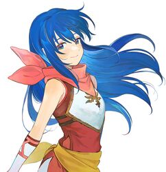  aged_down blue_eyes blue_hair caeda_(fire_emblem) closed_mouth commentary_request female fire_emblem fire_emblem:_mystery_of_the_emblem fire_emblem_heroes highres kyufe long_hair pink_scarf scarf simple_background smile solo upper_body white_background 