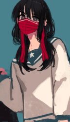  aqua_background black_hair blue_sailor_collar commentary_request female hair_between_eyes highres kaneni long_hair long_sleeves mask mouth_mask original red_mask sailor_collar shirt simple_background solo upper_body white_shirt 