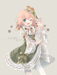  ;d blue_eyes blush bow character_name clothes_lift commentary dress dress_lift female flower frilled_dress frills gothic_wa_mahou_otome green_bow green_dress grey_background hair_between_eyes hair_flower hair_ornament hand_up juliet_sleeves lifting_own_clothes lolita_fashion long_sleeves low_twintails one_eye_closed open_mouth pantyhose pink_hair puffy_sleeves rento_(rukeai) rose short_twintails simple_background smile solo souffle_(gothic_wa_mahou_otome) star_(symbol) twintails twitter_username white_pantyhose wide_sleeves yellow_flower yellow_rose 