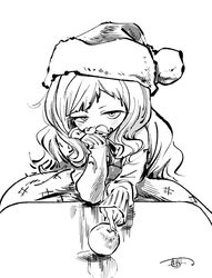  akebi-chan_no_serafuku chiarashi_hoko female food fruit greyscale hat highres hiro_(dismaless) kotatsu long_eyelashes long_hair long_sleeves looking_at_viewer monochrome santa_hat signature solo table 