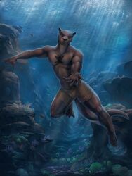  4_toes 5_fingers aaros abs algae anthro arm_tattoo brown_body brown_clothing brown_eyes brown_fur brown_membrane brown_underwear chest_tattoo claws cliff clothing detailed_background feet fingers fish fur hi_res looking_at_viewer male mammal marine membrane_(anatomy) mostly_nude mustelid otter outstretched_arm solo sun_rays swimming tail tattoo toe_claws toes underwater underwear water webbed_feet webbed_hands 