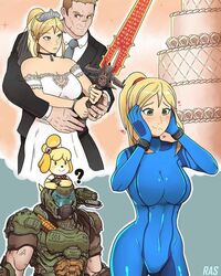  1boy 2girls ? animal_crossing artist_name assault_visor blonde_hair blue_bodysuit blush bodysuit breasts bridal_veil bride cake carrying choker cleavage cropped crossover crucible_(doom) doom_(series) doom_eternal doomguy dress energy_sword food green_eyes groom holding holding_sword holding_weapon hug hug_from_behind husband_and_wife imagining isabelle_(animal_crossing) jewelry jpeg_artifacts large_breasts metroid mole mole_under_eye multiple_crossover multiple_girls ponytail praetor_suit ring samus_aran scar shoulder_cannon shoulder_carry skin_tight solarius straight super_smash_bros. sword third-party_source tiara veil weapon wedding wedding_cake wedding_dress wedding_ring zero_suit 