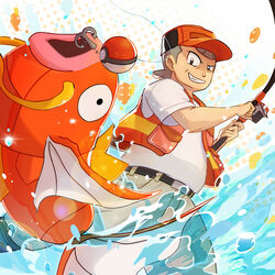  1boy bad_id bad_pixiv_id belt black_belt brown_eyes fish fisher_(pokemon) fishing fishing_rod grey_hair grin highres holding holding_fishing_rod looking_at_viewer magikarp male_focus old old_man poke_ball poke_ball_(basic) pokemon pokemon_(creature) pokemon_lgpe polka_dot polka_dot_background smile tom_(pixiv10026189) water white_background 