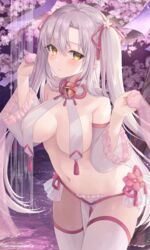  absurdres bare_shoulders bell blush breasts cowboy_shot detached_sleeves female flower fujimori_shiki highres jingle_bell large_breasts long_hair looking_at_viewer navel no_bra original revealing_clothes solo thighhighs thighs two_side_up white_hair yellow_eyes 