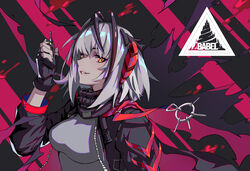  arknights babel_logo_(arknights) black_gloves breasts commentary controller detonator diamond-shaped_pupils diamond_(shape) eyebrows_hidden_by_hair female fingerless_gloves from_side gloves grey_hair hair_between_eyes highres holding holding_remote_control horns jacket looking_at_viewer open_mouth orange_eyes remote_control scarf short_hair smile solo sweater symbol-shaped_pupils ten-u upper_body w_(arknights) 