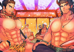  5boys :q abs animal_print baby bara bare_pectorals bead_bracelet bead_necklace beads belly blue_hair bracelet broken_horn brown_hair bulge cherry_blossoms chest_hair cross_scar cup dark-skinned_male dark_blue_hair dark_skin demon_boy demon_horns facial_hair fiery_horns goatee gouki_(housamo) half_mask horns houzouin_oniwaka ibaraki_(housamo) jewelry large_pectorals long_sideburns magatama magatama_necklace male_focus male_underwear mask mature_male monster_boy multiple_boys muscular muscular_male navel necklace nipples oni oni_horns pectoral_cleavage pectorals peeking_out petals plump print_male_underwear revealing_clothes sakazuki scar scar_on_face scar_on_forehead scar_on_neck scarf short_hair shuten_douji_(housamo) sideburns sidepec sitting stomach stubble takemaru_(housamo) thick_eyebrows thighs tiger_print tohno_motosumi tokyo_afterschool_summoners tongue tongue_out topless_male touoh turn_pale tusks underwear unworn_mask yellow_scarf zenki_(housamo) 