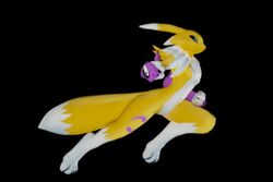  2022 3:2 3d_(artwork) action_pose anthro bandai_namco black_sclera blue_eyes breasts canid canine chest_tuft clothing digimon digimon_(species) digital_media_(artwork) featureless_breasts female fever-dreamer fox fur gloves handwear hi_res jumping mammal mane multicolored_body multicolored_fur pose renamon renamon_(kespr) ruff simple_background small_breasts solo tuft white_body white_fur yellow_body yellow_fur 