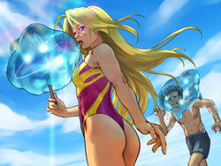  1boy ass blonde_hair blue_eyes blue_sky brown_hair cloud commentary death english_commentary female frozen highres long_hair male_swimwear metroid metroid_fusion one-piece_swimsuit one-piece_thong popsicle_stick purple_one-piece_swimsuit refraction samus_aran sky stup-jam sunlight swim_trunks swimsuit tongue tongue_out two-tone_swimsuit x_parasite yellow_one-piece_swimsuit 