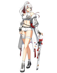  absurdres alternate_hair_color bandages bare_shoulders belt black_gloves blue_eyes breasts closers crop_top crossed_legs elbow_gloves female fingerless_gloves floating_hair full_body gloves grin harpy_(closers) highres jacket large_breasts long_hair looking_at_viewer micro_shorts midriff mole mole_under_eye multicolored_hair navel off_shoulder official_art open_clothes open_jacket ponytail red_hair shirt shoes shorts sleeveless sleeveless_shirt slit_pupils smile sneakers socks solo standing stomach streaked_hair tachi-e thigh_strap thighs two-tone_hair watson_cross white_background white_footwear white_hair white_jacket white_shirt white_shorts white_socks 