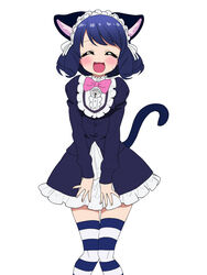  3:4 accessory alternative_fashion animal_humanoid anthro barely_visible_breasts bell black_hair blue_hair blush bow_(feature) bow_ribbon breasts cat_humanoid closed_eyes clothed clothed_anthro clothed_female clothing cyan_hijirikawa dress eyelashes felid felid_humanoid feline feline_humanoid female female_anthro frilly frilly_accessory frilly_hairband goth gothic_lolita hair hair_accessory hairband happy hi_res humanoid j-fashion legwear lolita_(fashion) mammal mammal_humanoid open_mouth sanrio short_hair show_by_rock!! silver_meteor simple_background stockings thigh_highs 