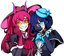  2girls arm_around_shoulder blue_bow blue_hair bow bowtie breasts closed_eyes duel_monster english_commentary evil_twin_ki-sikil evil_twin_lil-la gloves green_eyes grin hair_between_eyes hand_on_own_face hat highres ki-sikil_(yu-gi-oh!) large_breasts laughing laughing_girls_(meme) lil-la_(yu-gi-oh!) long_hair meme multiple_girls pink_hair puffy_short_sleeves puffy_sleeves rsutibu short_hair short_sleeves smile sunglasses tinted_eyewear transparent_background yu-gi-oh! 