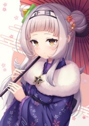  absurdres arata_(xin) arched_bangs black_hairband blue_kimono blush brown_eyes closed_mouth commentary egasumi female floral_background floral_print flower fur_collar grey_hair hair_bun hair_flower hair_ornament hairband hands_up highres holding holding_umbrella hololive japanese_clothes kimono long_hair long_sleeves looking_at_viewer murasaki_shion murasaki_shion_(new_year) new_year official_alternate_costume oil-paper_umbrella pink_flower print_kimono single_hair_bun single_side_bun smile solo umbrella very_long_hair virtual_youtuber white_background white_flower wide_sleeves yellow_flower 