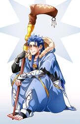  1boy armor blue_hair bracelet capelet cu_chulainn_(caster)_(fate) cu_chulainn_(fate) earrings fate/grand_order fate_(series) fur-trimmed_hood fur_trim ginkun greaves grin holding holding_staff hood hood_down hooded_capelet jewelry long_hair male_focus pants red_eyes ring sitting smile solo spiked_hair staff toeless_footwear toes vambraces wooden_staff 