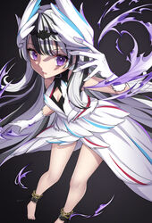  absurdres ankle_cuffs aura bare_shoulders barefoot black_choker black_hair breasts choker commentary_request dark_aura dress feather_hair_ornament feathers female fire_emblem fire_emblem_engage grey_hair hair_ornament hako_momiji highres long_hair looking_at_viewer multicolored_hair parted_lips petite purple_eyes small_breasts solo two-tone_hair very_long_hair veyle_(fire_emblem) wavy_hair 