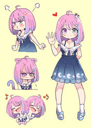  absurdres afterimage anger_vein animal_ear_fluff animal_ears annoyed arm_behind_back arm_up black_dress blue_footwear blush breasts candy_hair_ornament cat_ears cat_girl cat_tail cleavage clenched_hands controller crown dress female food-themed_hair_ornament fushicho game_controller hair_ornament heart heterochromia highres himemori_luna himemori_luna_(sundress) hololive kemonomimi_mode mini_crown multiple_views music musical_note official_alternate_costume open_mouth pink_hair pout pouty_lips sailor_dress shoes short_hair simple_background singing sleeveless sleeveless_dress small_breasts smile socks swaying tail tears virtual_youtuber waving yellow_background 