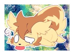  4:3 4_fingers brown_body brown_fur extyrannomon_(artist) feral fingers fur generation_3_pokemon hi_res linoone lying male nintendo numa_(ouroporos) on_front on_ground pokemon pokemon_(species) simple_background solo tail_on_back tired_eyes tongue tongue_out 