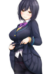  absurdres bad_id bad_pixiv_id black_hair blazer bow breasts clothes_lift eyebrows female highres jacket large_breasts mole mole_under_eye nijisanji panties pantyhose school_uniform shizuka_rin shizuka_rin_(1st_costume) short_hair skirt skirt_lift solo sonoji_(_sonoji) thighband_pantyhose underwear virtual_youtuber 