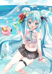  arami_o_8 bikini bikini_under_clothes bird blue_eyes blue_hair bracelet commentary daisy double_bun female flamingo flower food hair_between_eyes hair_bun hair_flower hair_ornament hair_ribbon hatsune_miku holding holding_food inflatable_flamingo inflatable_toy jewelry long_hair looking_at_viewer nail_polish necktie open_mouth outdoors popsicle ribbon rubber_duck see-through sitting smile soaking_feet solo swimsuit twintails very_long_hair vocaloid water 