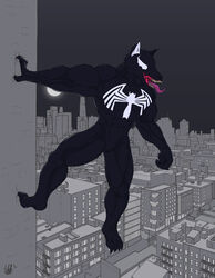  2020 absurd_res anthro black_body building canid canine city claws climbing_wall colored detailed_background emblem hi_res male mammal marvel moon mythological_canine mythological_creature mythology new_york night on_one_leg open_mouth purple_tongue signature solo standing symbiote teeth tongue tongue_out venom_(marvel) were werecanid werecanine werewolf white_eyes window wolfarion 