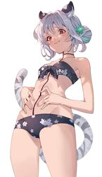  :t absurdres animal_ears ayacho bai_(granblue_fantasy) bandeau bare_shoulders bikini black_bikini blue_archive blush breasts brown_eyes cosplay double_bun erune female floral_print from_behind granblue_fantasy grey_hair groin hair_bun hair_intakes hands_on_own_stomach highres koharu_(blue_archive) koharu_(blue_archive)_(cosplay) koharu_(swimsuit)_(blue_archive) looking_down navel print_bikini raised_eyebrows short_hair simple_background small_breasts solo standing swimsuit tail tiger_ears tiger_girl tiger_tail white_background 