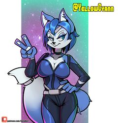  5_fingers accessory anthro blue_body blue_eyes blue_hair bodysuit breasts canid canine cleavage clothed clothing eyelashes eyeshadow female fingers fox furgonomics gesture hair half-closed_eyes hand_gesture hi_res jewelry krystal_(star_fox) makeup mammal narrowed_eyes nintendo norithecat ring signature skinsuit smile solo star_fox tail tail_accessory tail_jewelry tail_ring tight_clothing v_sign white_body 