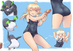  &gt;_&lt; antenna_hair ass bird blonde_hair breasts dual_wielding female hijikata-san_(m.m) holding koshirae_tsurugi_(m.m) long_hair m.m multicolored_eyes original penguin ponytail school_swimsuit sidelocks small_breasts swimsuit water_gun 