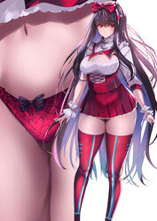  bad_id bad_pixiv_id blue_hair bow bow_panties breasts brown_hair close-up closed_mouth colored_inner_hair commentary_request female fruit_hair_ornament hairband hairbow highres long_hair long_sleeves multicolored_hair multiple_views navel noto_kurumi original panties red_eyes red_legwear red_panties red_skirt scrunchie shirt simple_background skirt smile stomach thighhighs thighs two-tone_hair underwear very_long_hair white_background white_shirt wrist_scrunchie 