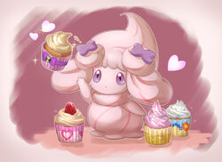  alcremie alcremie_(ribbon_sweet) alcremie_(vanilla_cream) commentary_request cupcake food fruit full_body heart highres itsumiruka no_humans pokemon pokemon_(creature) ribbon simple_background solo sparkle strawberry 