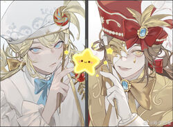  2boys :/ blonde_hair blue_bow blue_bowtie blue_eyes blue_gemstone bow bowtie closed_mouth dual_persona edgar_valden edgar_valden_(golden_ratio) edgar_valden_(narcissus) feathers french_clothes frilled_shirt frilled_sleeves frills gem gloves hairbow half_mask hat hat_bow hat_feather holding holding_paintbrush identity_v long_sleeves looking_at_viewer low_ponytail male_focus mask multiple_boys paintbrush panni_xing parted_lips red_bow red_headwear ribbon shirt simple_background smile split_screen star_(symbol) symmetrical_pose teardrop_facial_mark upper_body white_background white_gloves white_headwear white_shirt yellow_bow yellow_bowtie yellow_eyes 